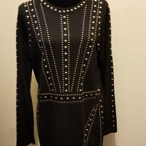 Venus, XL , Black Long Sleeve Dress with Gold Studs
